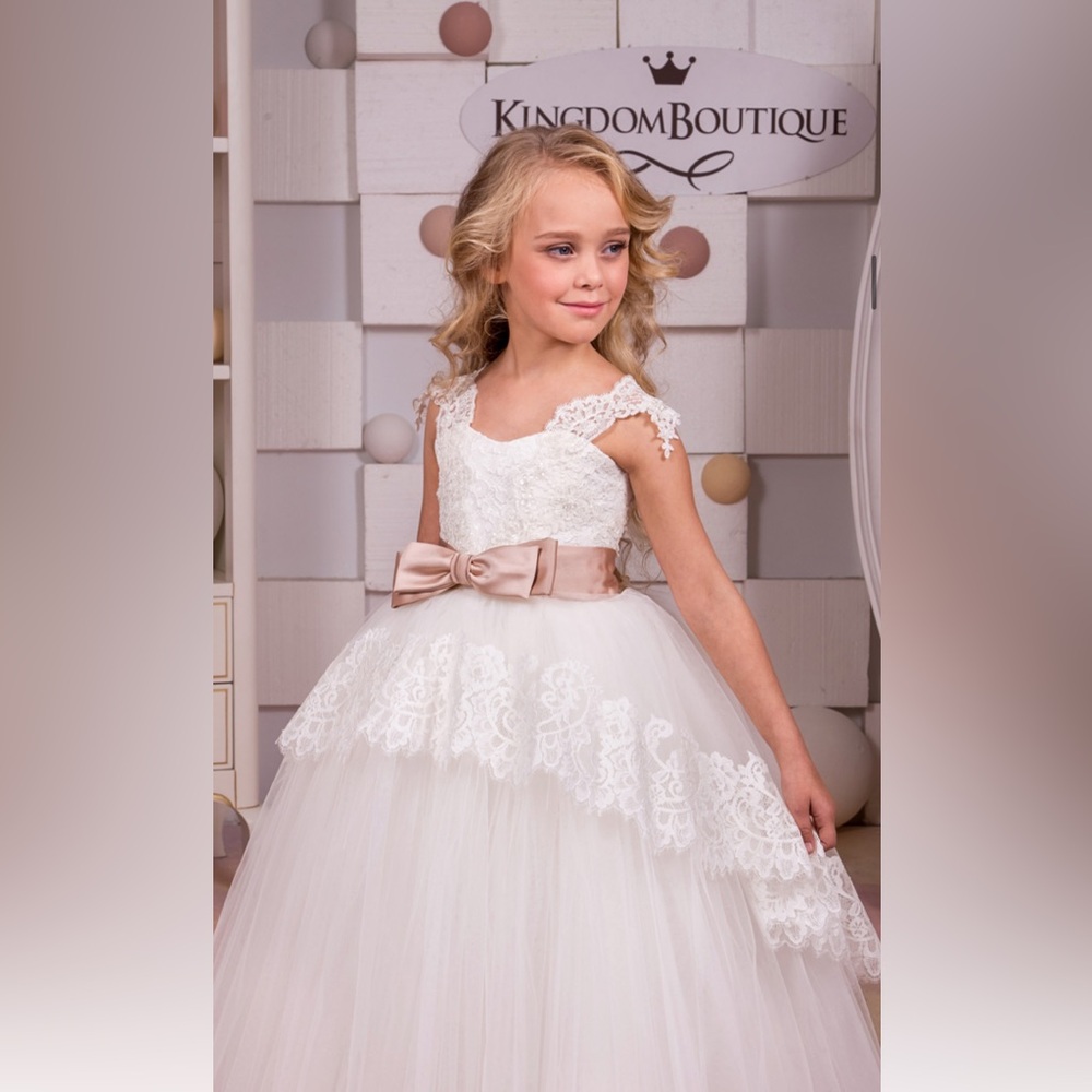 Custom made White Lace Flower Girl Dress with Pink Sash